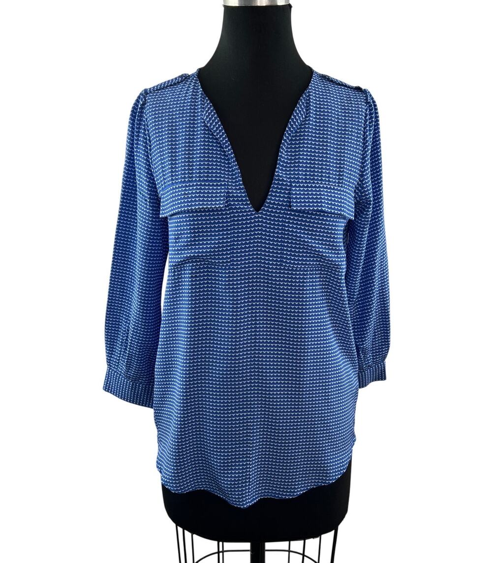 JOIE Marlo Silk Blouse Long Sleeve Blue White Heart Print Top Pockets Size XS